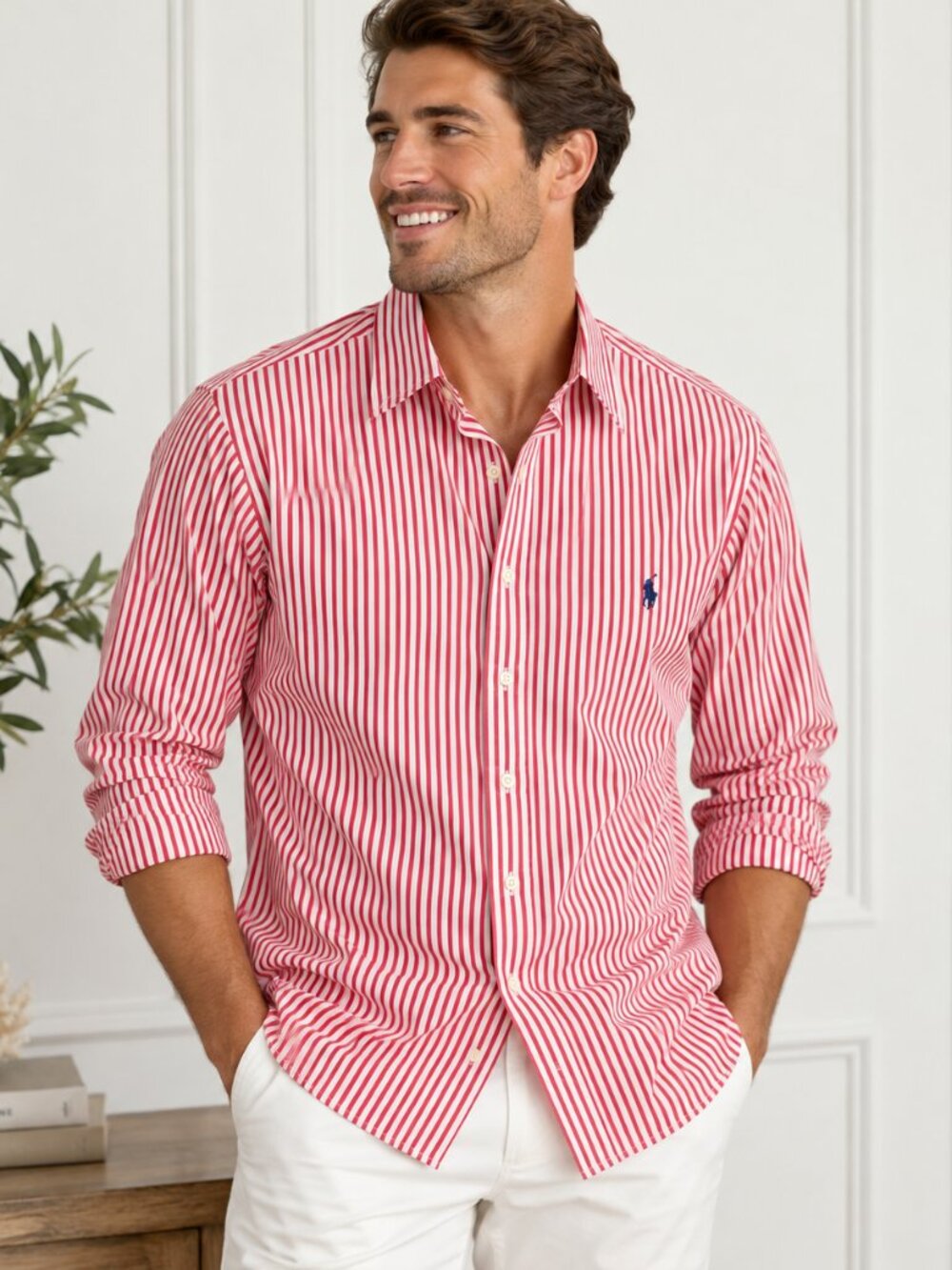 Ralph Lauren Men’s L Pink White Striped Cotton Button Down Shirt Pony Logo